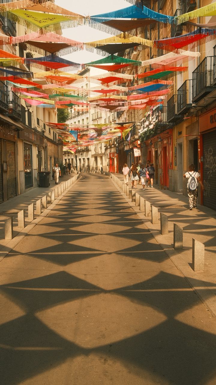 Colourful festival bunting casting geometric shadows over a Madrid street, Spain
